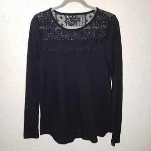 Lucky Brand Sz S Women's Lace Top Waffle Knit Thermal Long Sleeve Shirt Black